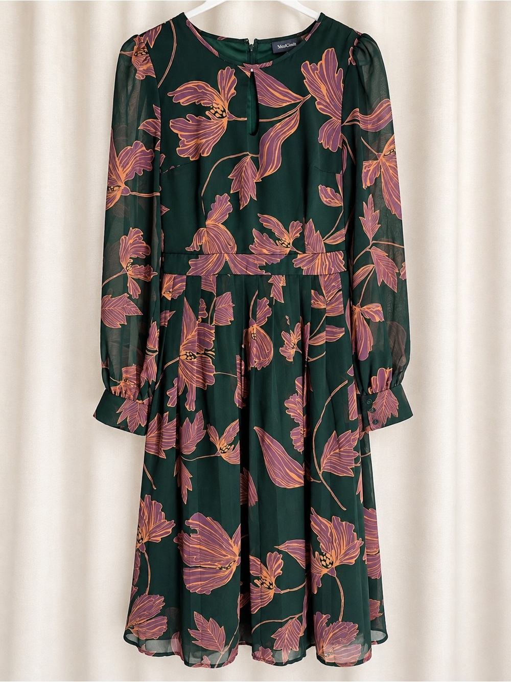 ModCloth Size 2 Green Floral Chiffon Midi Dress Long Sleeve Pleated